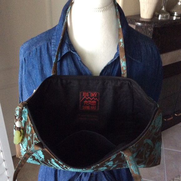 LAST 1! NEW 100% Silk Shoulder Purse Brown Aqua Birds Floral Big Sky Shanghai - Picture 8 of 8